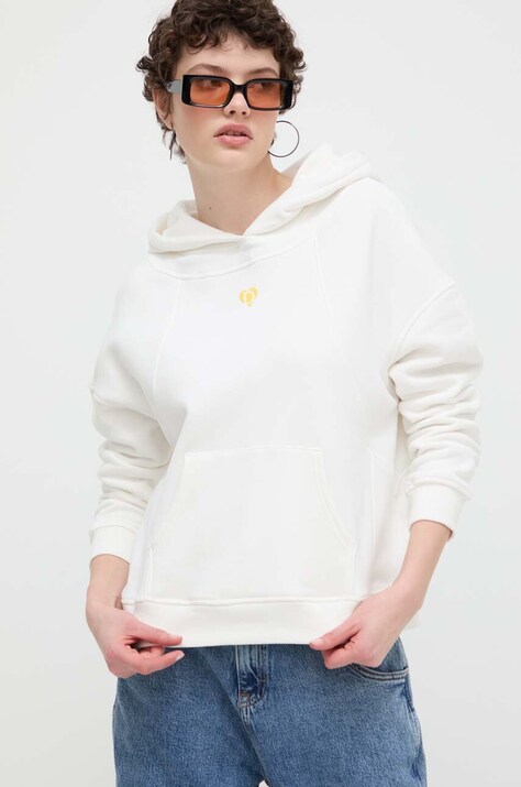 Bavlněná mikina Desigual LOGO dámská, bílá barva, s kapucí, hladká, 24SWSK43
