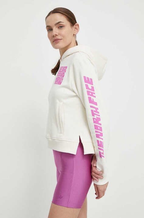 The North Face hanorac de bumbac femei, culoarea bej, cu glugă, cu imprimeu, NF0A87EPQLI1