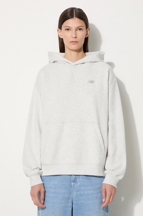 New Balance hanorac de bumbac femei, culoarea gri, cu glugă, melanj, WT41537AHH