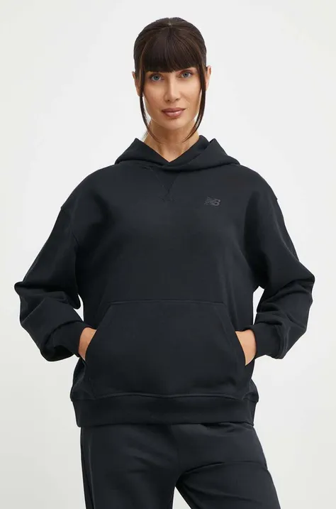 Βαμβακερή μπλούζα New Balance γυναικεία, χρώμα: μαύρο, με κουκούλα, WT41537BK
