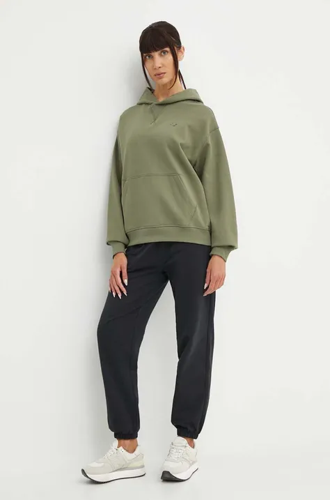 Bombažen pulover New Balance ženski, zelena barva, s kapuco, WT41537DEK