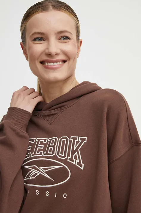 Хлопковая кофта Reebok Classic Archive Essentials женская цвет коричневый с капюшоном с аппликацией 100075645