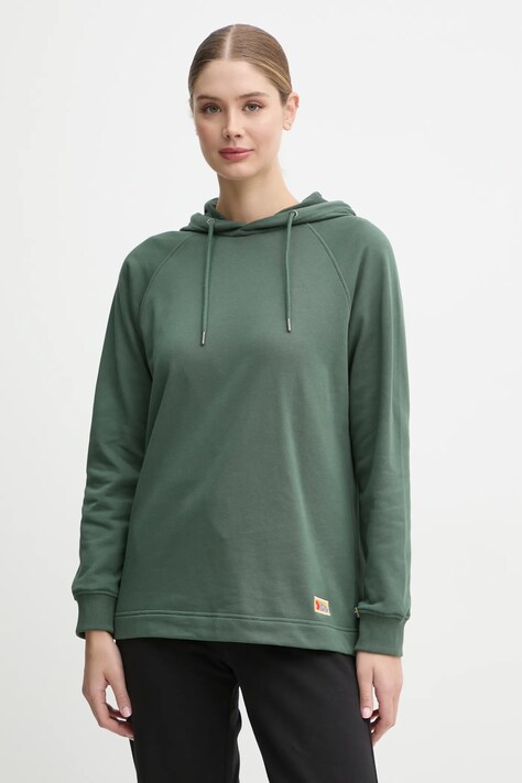 Хлопковая кофта Fjallraven Vardag Hoodie W женская цвет зелёный с капюшоном однотонная F86987.679