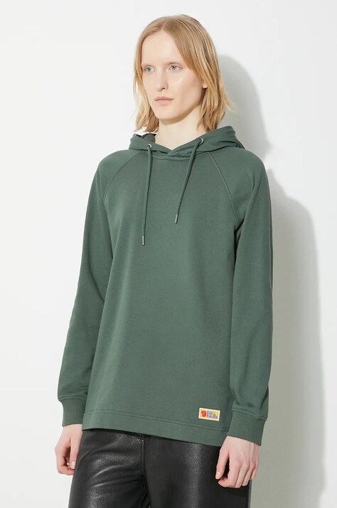 Бавовняна кофта Fjallraven Vardag Hoodie W жіноча колір зелений з капюшоном однотонна F86987.679
