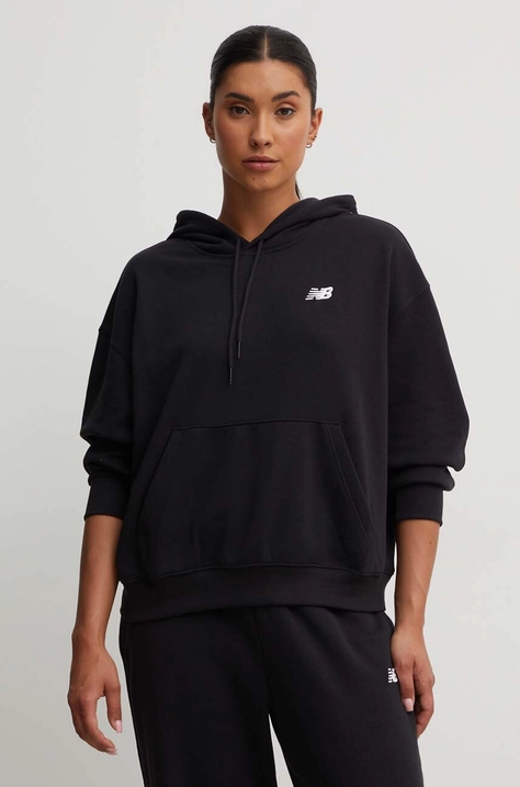 New Balance bluza Sport Essentials femei, culoarea negru, cu glugă, neted, WT41507BK