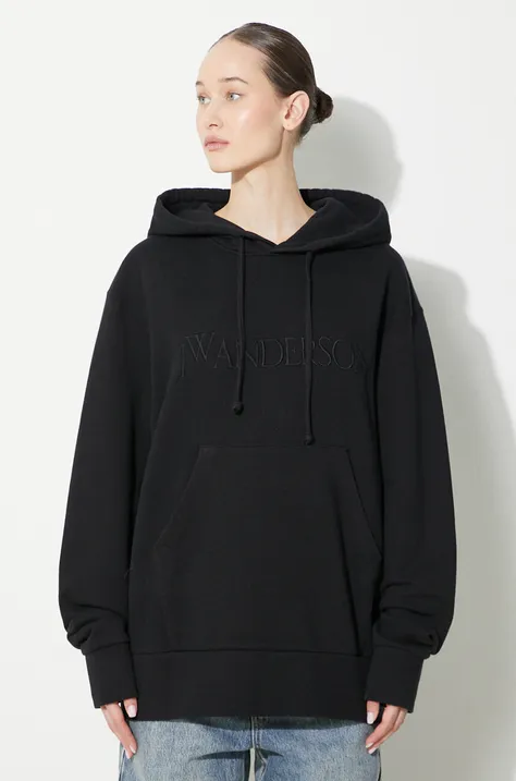 Bavlnená mikina JW Anderson Logo Embroidery Hoodie dámska, čierna farba, s kapucňou, jednofarebná, JW0164.PG0861.999