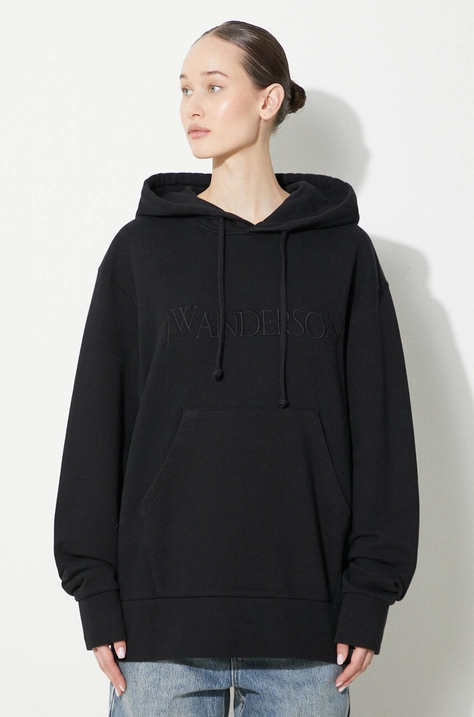 Bavlněná mikina JW Anderson Logo Embroidery Hoodie dámská, černá barva, s kapucí, hladká, JW0164.PG0861.999