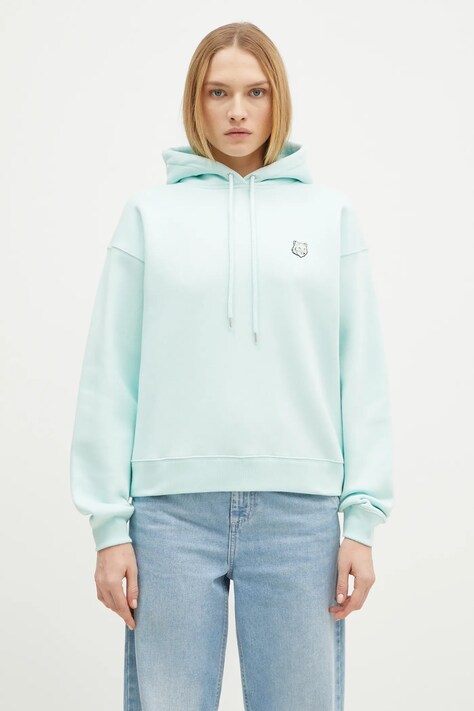 Памучен суичър Maison Kitsuné Bold Fox Head Patch Comfort Hoodie в тюркоазено с качулка с изчистен дизайн MW00704KM0307