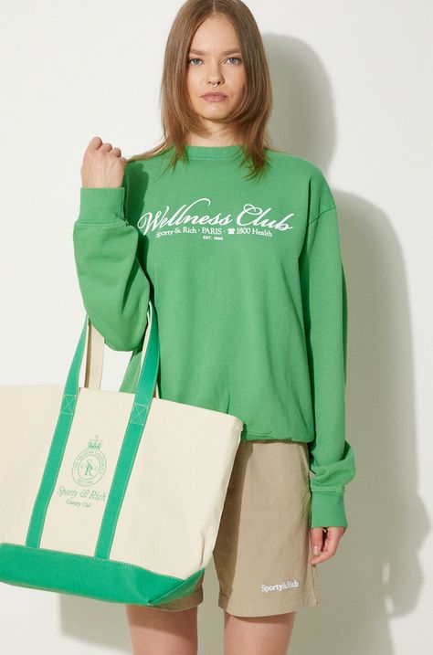 Bavlnená mikina Sporty & Rich 1800 Health Crewneck dámska, zelená farba, s potlačou, WS067S405HV
