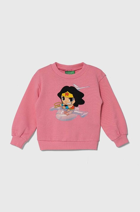 Detská bavlnená mikina United Colors of Benetton x DC ružová farba, s potlačou