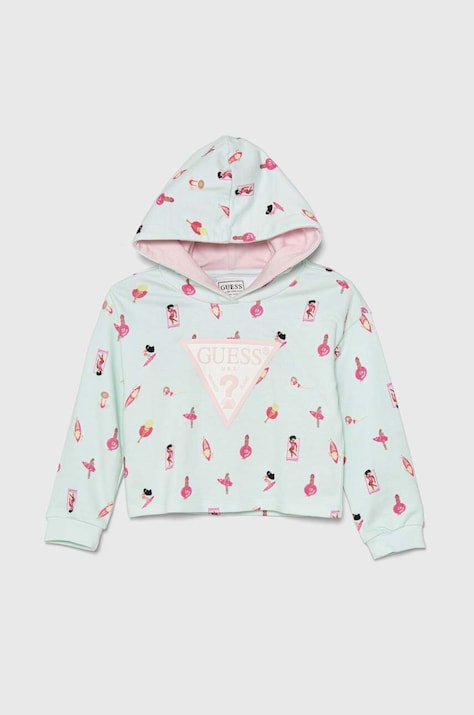 Guess bluza bawełniana dziecięca kolor turkusowy z kapturem wzorzysta