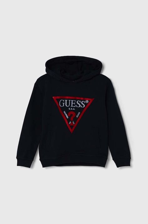 Παιδική βαμβακερή μπλούζα Guess χρώμα: ναυτικό μπλε, με κουκούλα