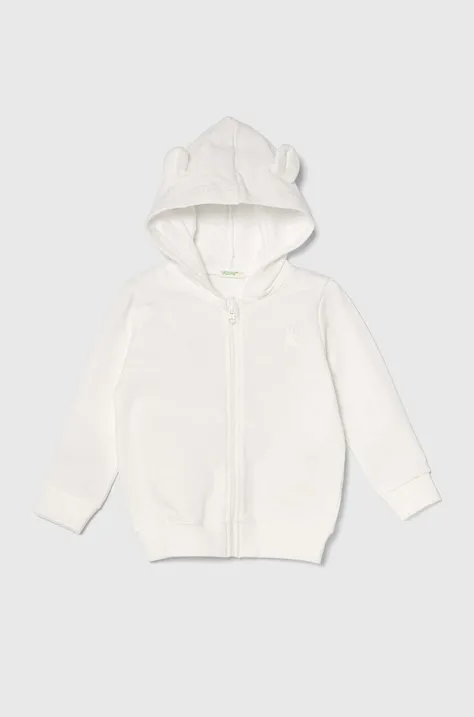 Bombažen pulover za dojenčka United Colors of Benetton bela barva, s kapuco