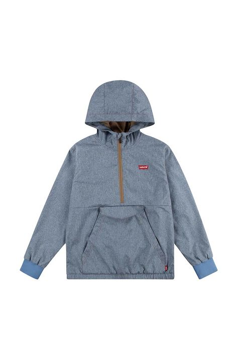 Детски памучен суичър Levi's LVB CHAMBRAY ANORAK в синьо с качулка с изчистен дизайн