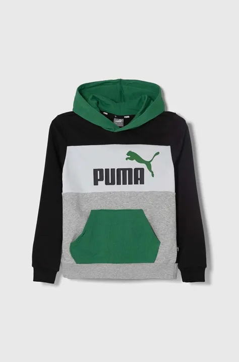 Dječja dukserica Puma ESS BLOCK TR B boja: zelena, s kapuljačom, s uzorkom