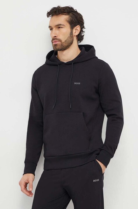 Суичър Boss Green в черно с качулка изчистен дизайн 50506130