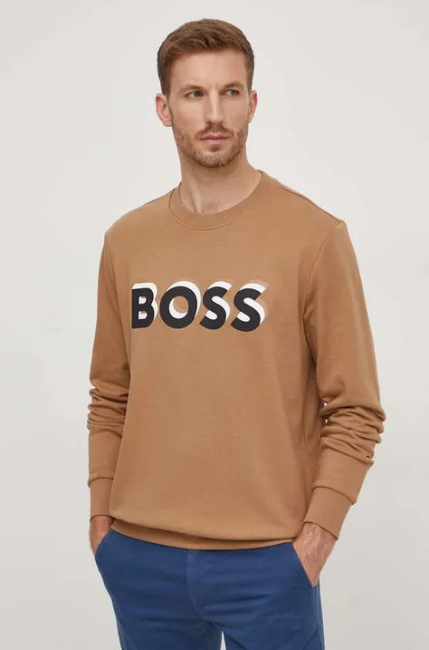 Βαμβακερή μπλούζα BOSS χρώμα: μπεζ