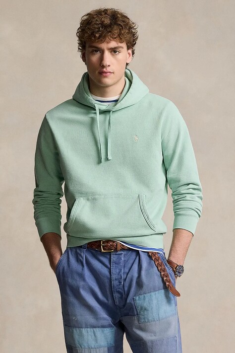 Бавовняна кофта Polo Ralph Lauren чоловіча колір зелений з капюшоном однотонна 710916690
