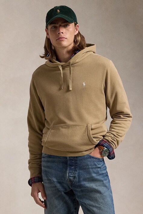 Polo Ralph Lauren hanorac de bumbac bărbați, culoarea bej, cu glugă, uni, 710916690