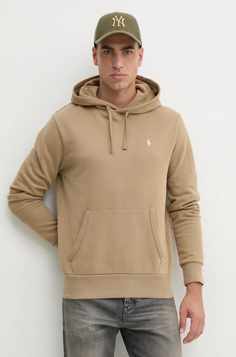 Polo Ralph Lauren hanorac de bumbac barbati, culoarea bej, cu glugă, neted, 710916690