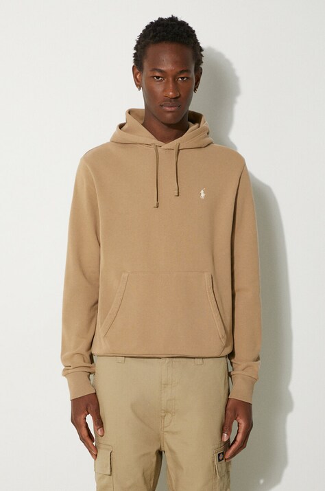 Polo Ralph Lauren hanorac de bumbac barbati, culoarea bej, cu glugă, neted, 710916690