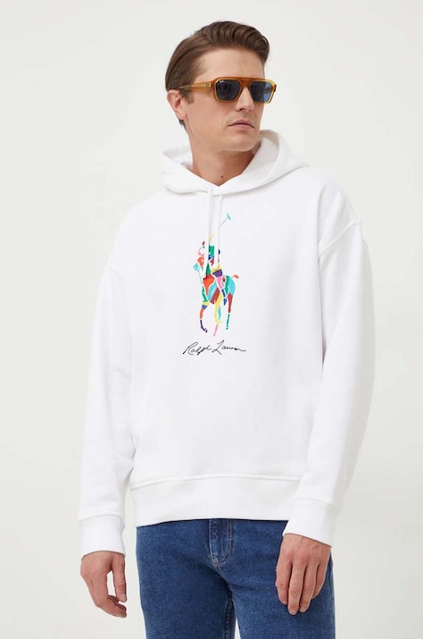Кофта Polo Ralph Lauren мужская цвет белый с капюшоном с принтом