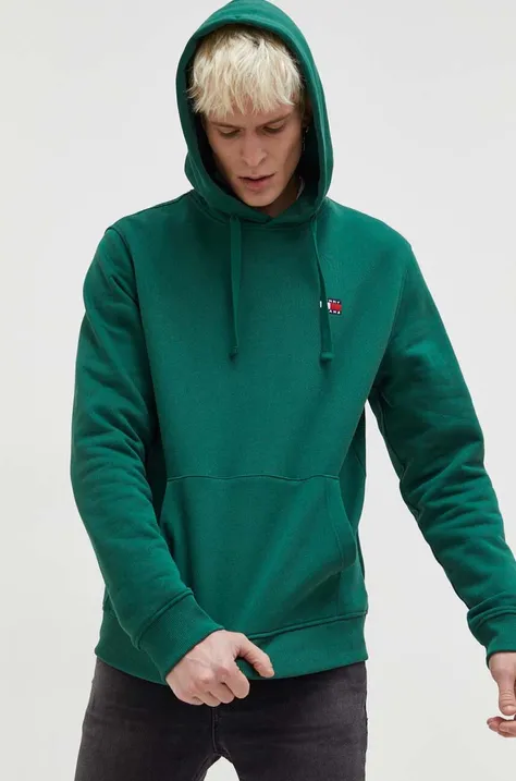 Хлопковая кофта Tommy Jeans мужская цвет зелёный с капюшоном однотонная