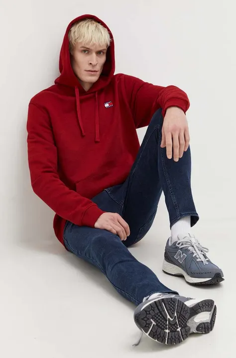 Бавовняна кофта Tommy Jeans чоловіча колір бордовий з капюшоном однотонна
