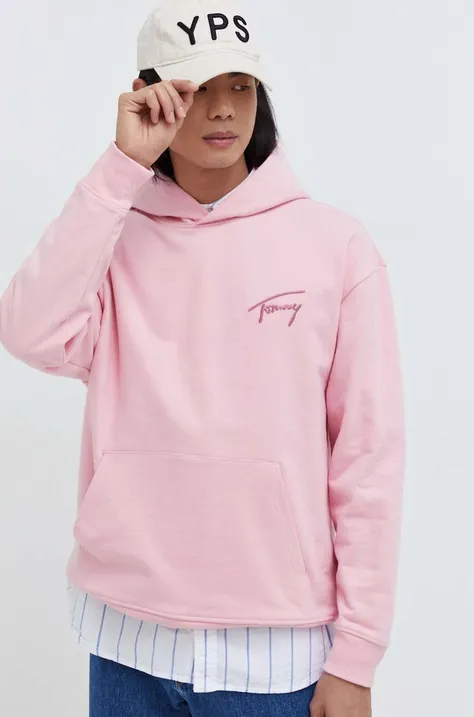 Хлопковая кофта Tommy Jeans мужская цвет розовый с капюшоном с аппликацией