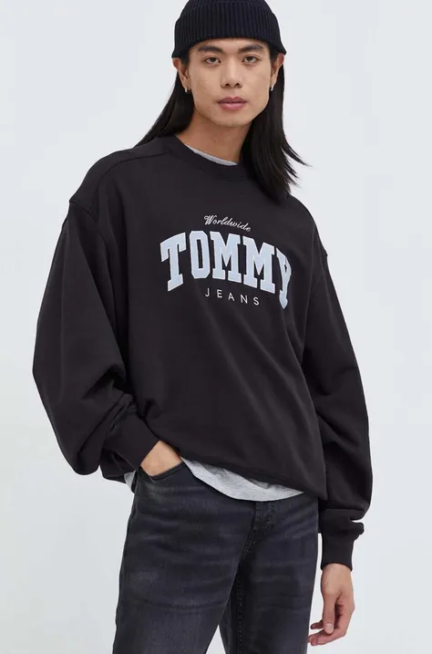Bavlněná mikina Tommy Jeans pánská, černá barva, s potiskem, DM0DM18386