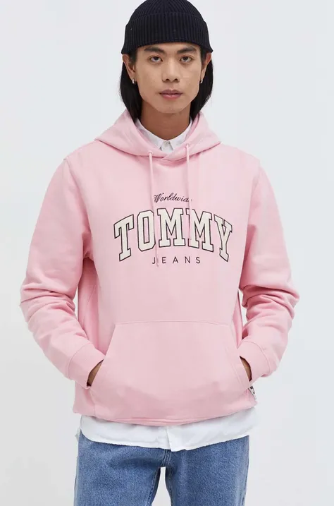 Pamučna dukserica Tommy Jeans za muškarce, boja: ružičasta, s kapuljačom, s aplikacijom