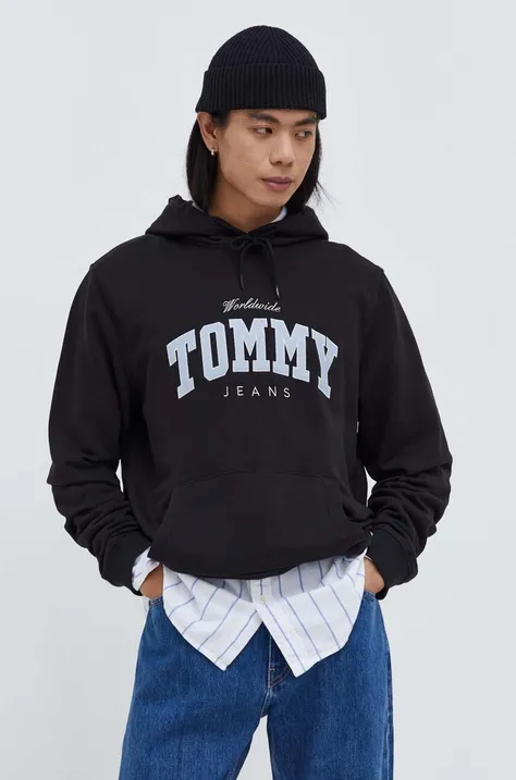 Хлопковая кофта Tommy Jeans мужская цвет чёрный с капюшоном с аппликацией