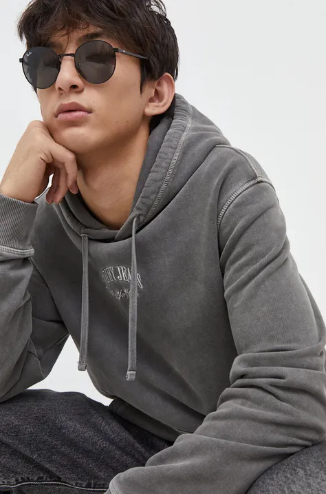Хлопковая кофта Tommy Jeans мужская цвет серый с капюшоном с аппликацией