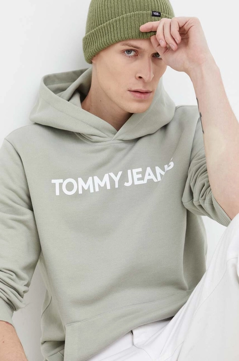 Bombažen pulover Tommy Jeans moška, zelena barva, s kapuco