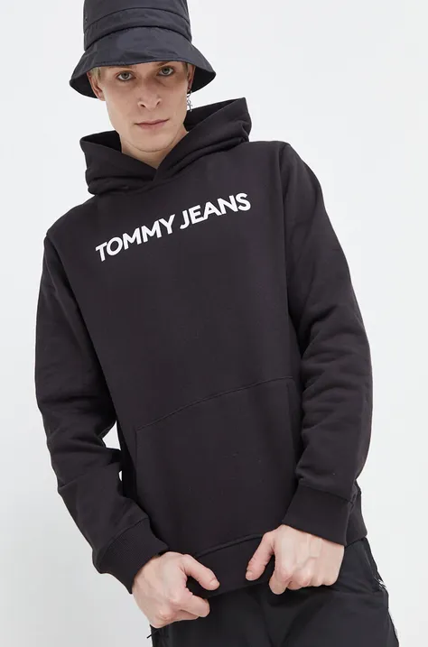 Pamučna dukserica Tommy Jeans za muškarce, boja: crna, s kapuljačom, s tiskom