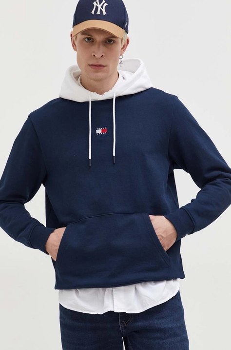 Tommy Jeans felső sötétkék, férfi, nyomott mintás, kapucnis