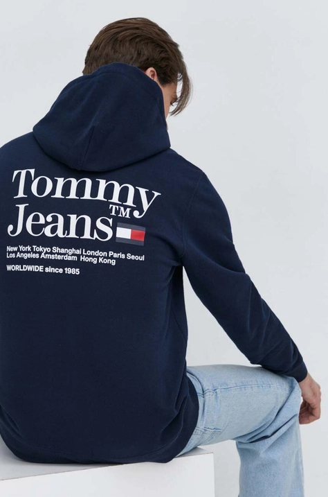 Pulover Tommy Jeans moška, mornarsko modra barva, s kapuco