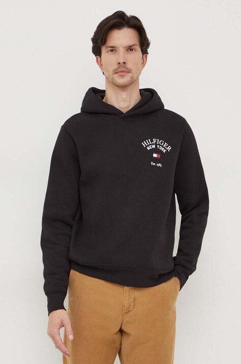 Tommy Hilfiger bluză bărbați, culoarea negru, cu glugă, imprimeu MW0MW33641