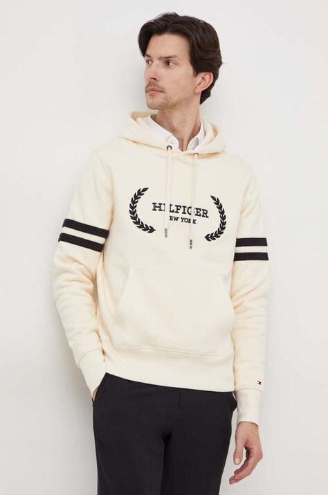 Tommy Hilfiger bluza bawełniana męska kolor beżowy z kapturem z aplikacją MW0MW33648