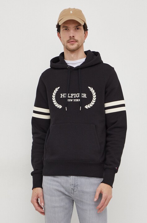 Памучен суичър Tommy Hilfiger в черно с качулка апликация MW0MW33648
