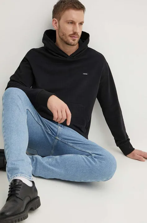 Bombažen pulover Calvin Klein moška, črna barva, s kapuco
