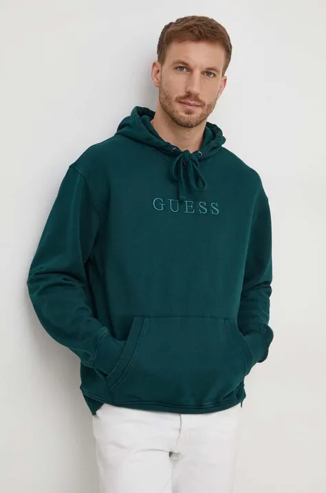 Bombažen pulover Guess moška, zelena barva, s kapuco