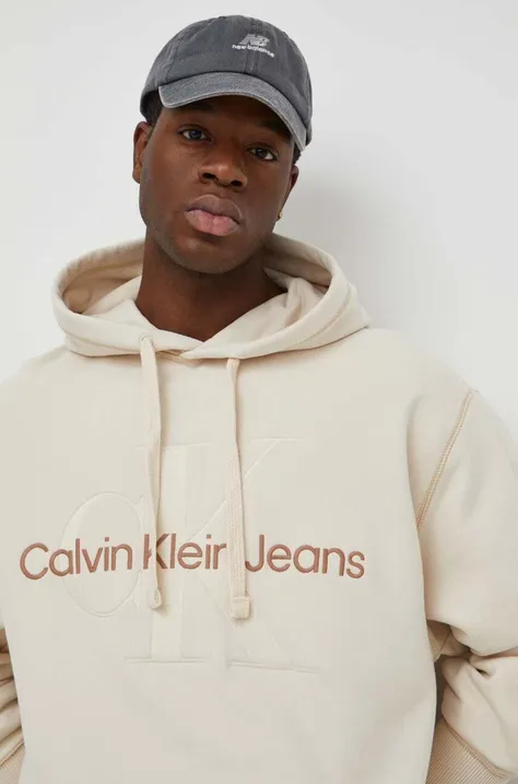 Бавовняна кофта Calvin Klein Jeans чоловіча колір бежевий з капюшоном з аплікацією