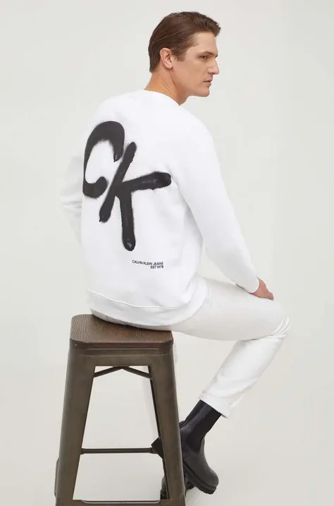 Calvin Klein Jeans bluză bărbați, culoarea alb, cu imprimeu J30J324625