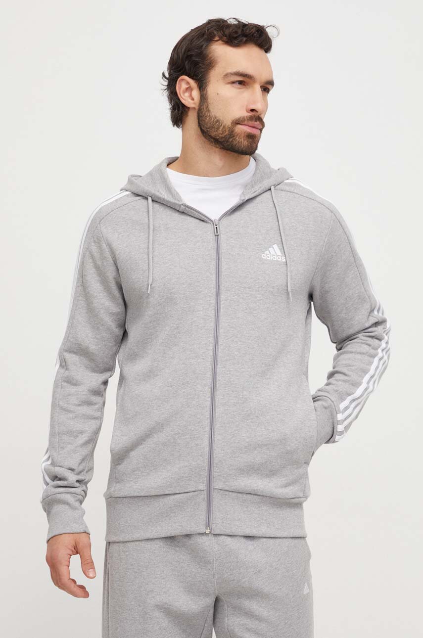 Bavlněná mikina adidas pánská, šedá barva, s kapucí, melanžová, IC9833