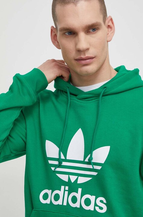adidas Originals hanorac de bumbac Adicolor Classics Trefoil barbati, culoarea verde, cu glugă, cu imprimeu, IM9403