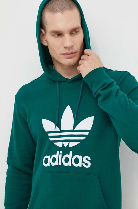 Pamučna dukserica adidas Originals Adicolor Classics Trefoil za muškarce, boja: zelena, s kapuljačom, s tiskom, IM9407