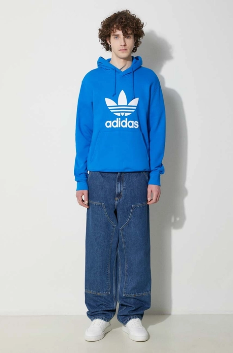 adidas Originals bluza bawełniana Adicolor Classics Trefoil męska kolor niebieski z kapturem z nadrukiem IM9410