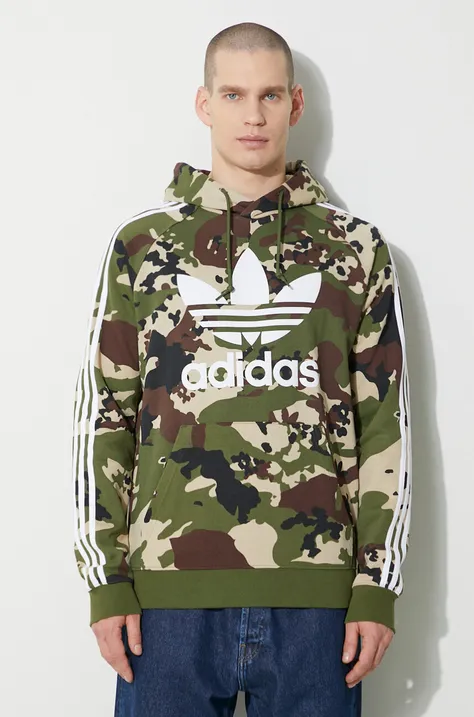 Mikina adidas Originals Camo Hoodie pánska, zelená farba, s kapucňou, vzorovaná, IS0209