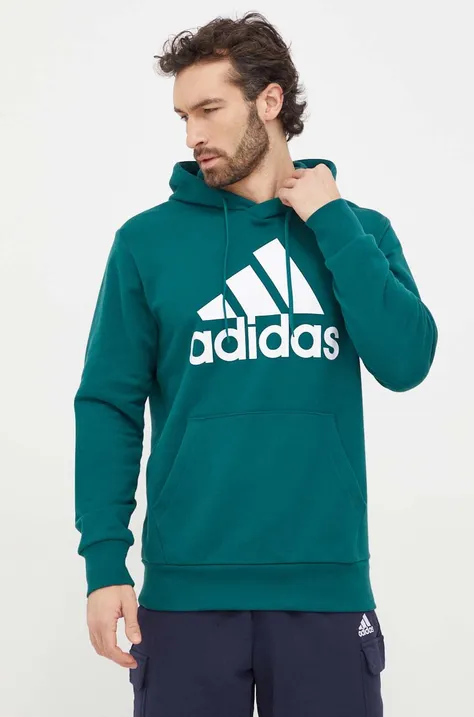 Bombažen pulover adidas moška, zelena barva, s kapuco